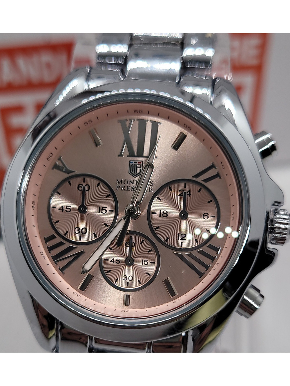 282 montres prestige women's 35mm chronograph rose gold dial silver bracelet
